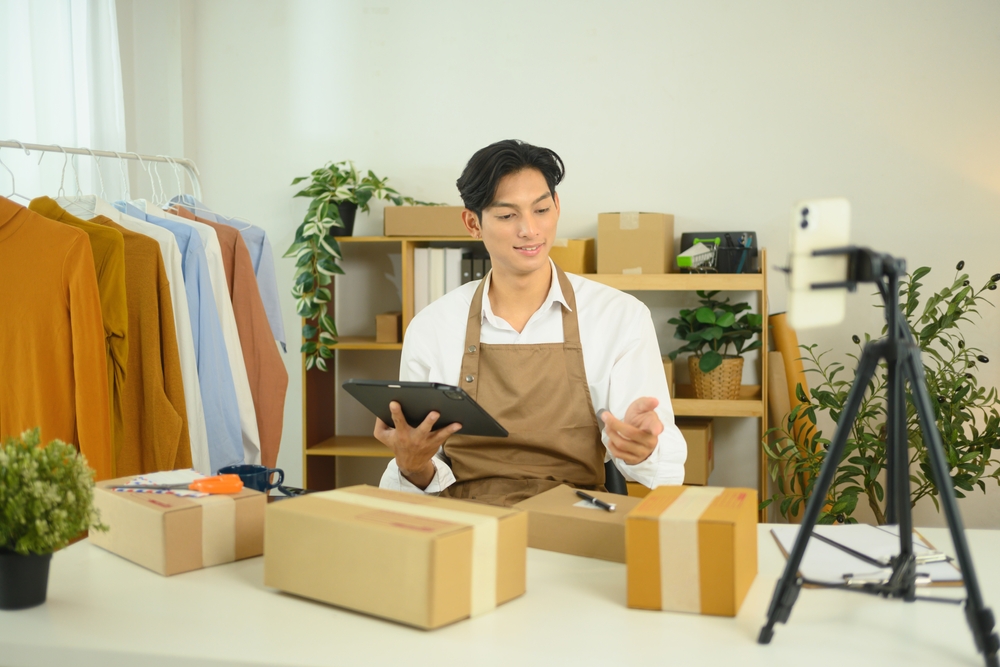 Prodavac pakuje proizvode i snima sadržaj za online promociju, povezujući fizičke proizvode sa digitalnim kanalima