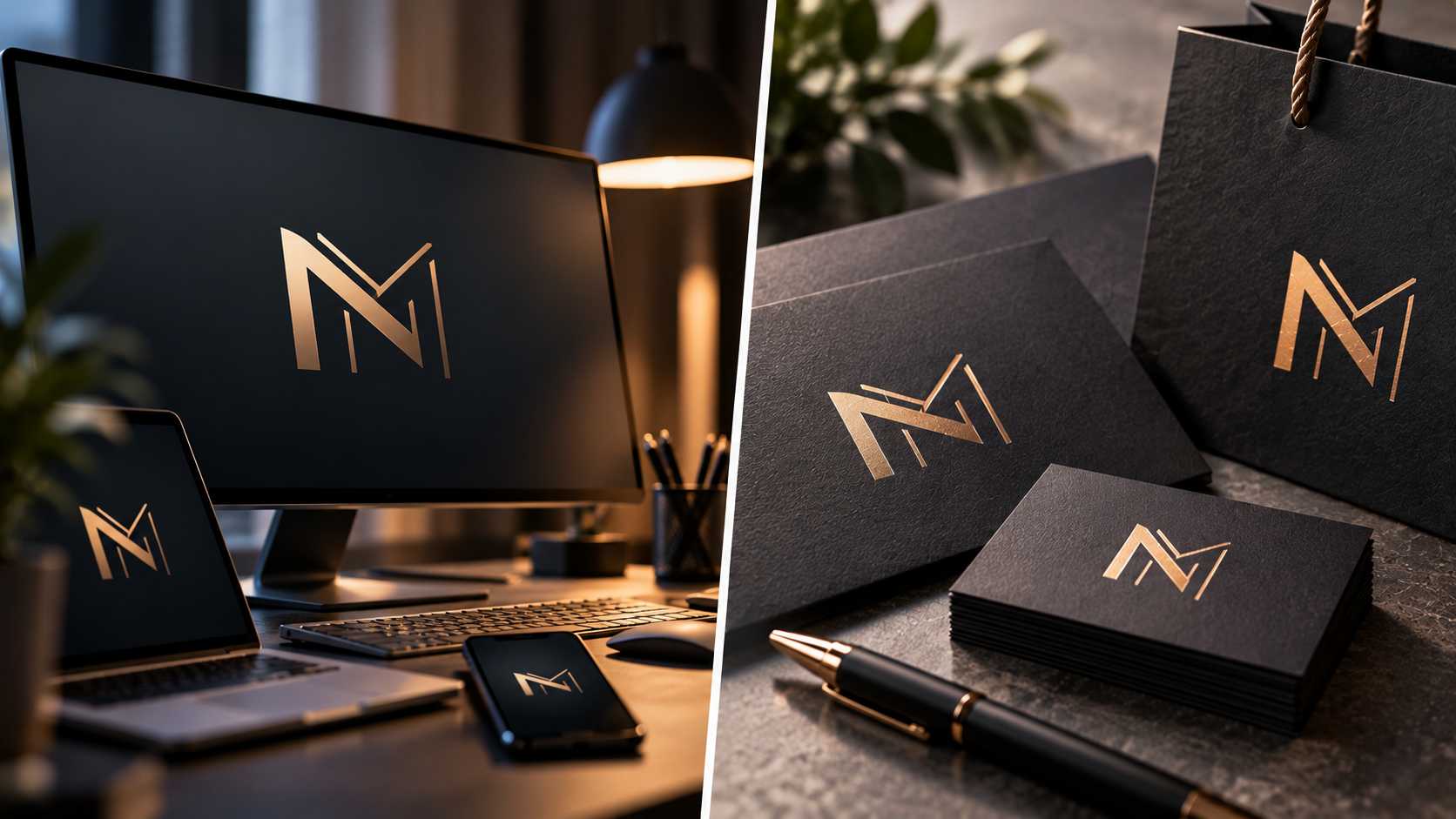 Zlatni minimalistički logo na tamnoj pozadini, prikazan na digitalnim uređajima i štampanim reklamnim materijalima.