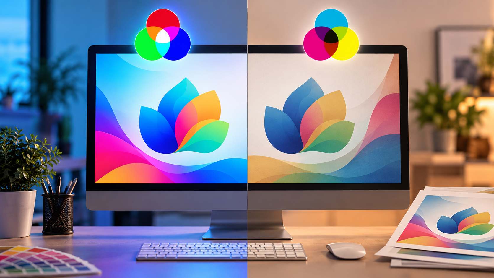 Poređenje RGB i CMYK prikaza istog grafičkog dizajna na monitoru sa razlikama u intenzitetu boja.