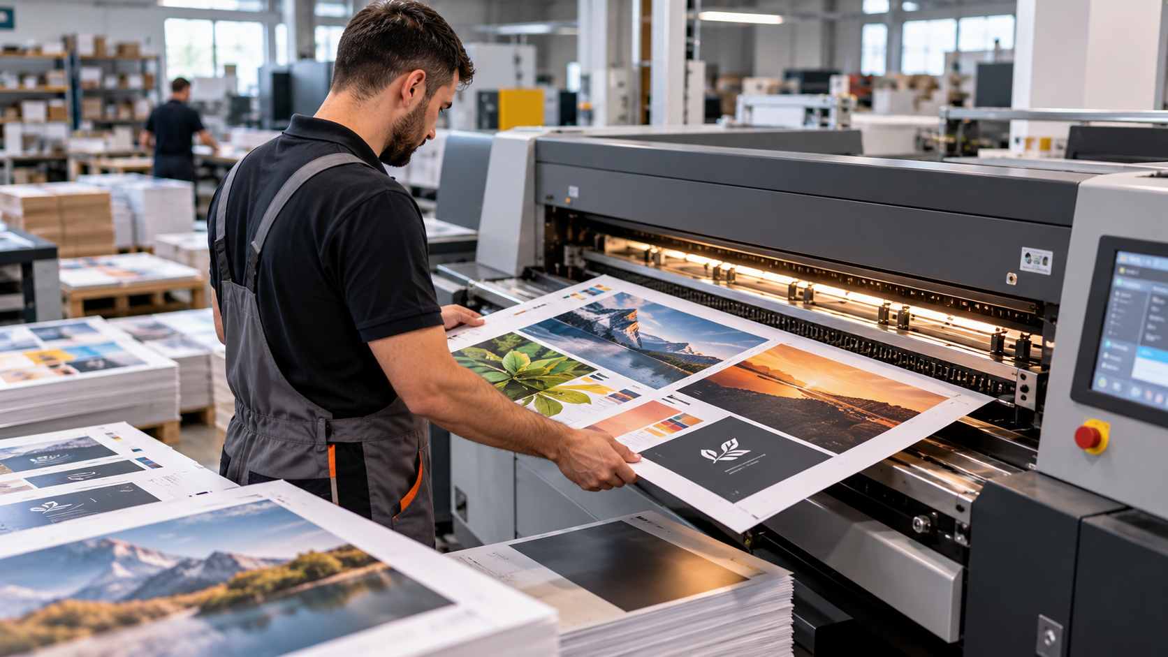 Radnik u štampariji proverava kvalitet otiska na industrijskoj mašini za digitalnu štampu.