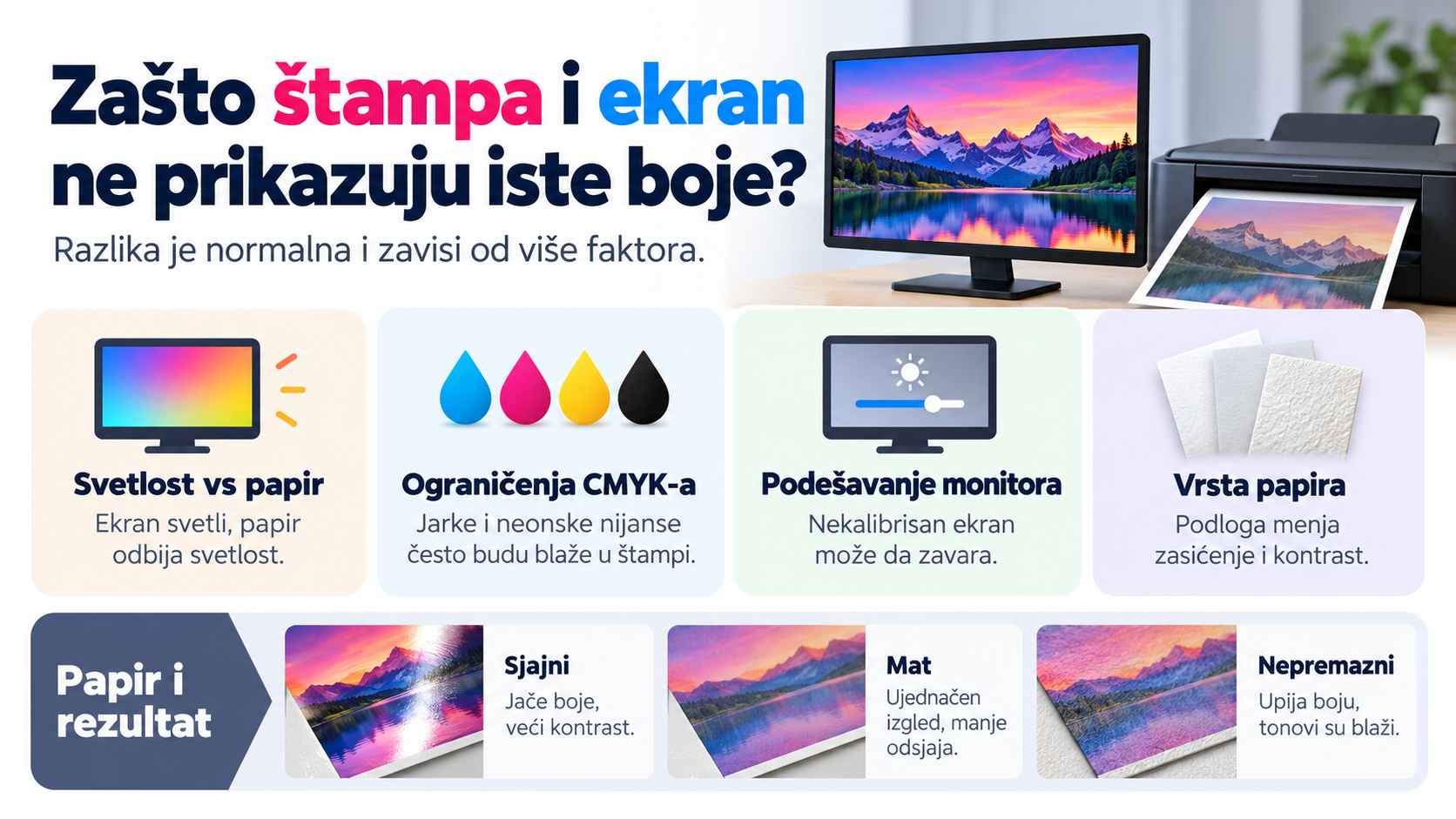 Infografik prikazuje četiri razloga za razliku između boja na monitoru i u štampi, uz poređenje sjajnog, mat i nepremaznog papira.