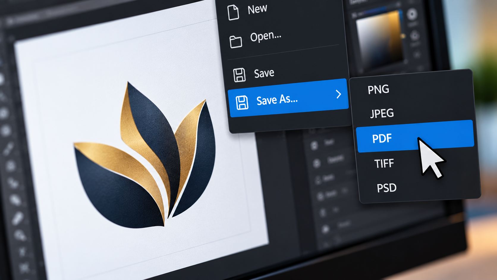 Priprema logotipa za štampu uz izbor PDF formata u grafičkom programu na računaru.