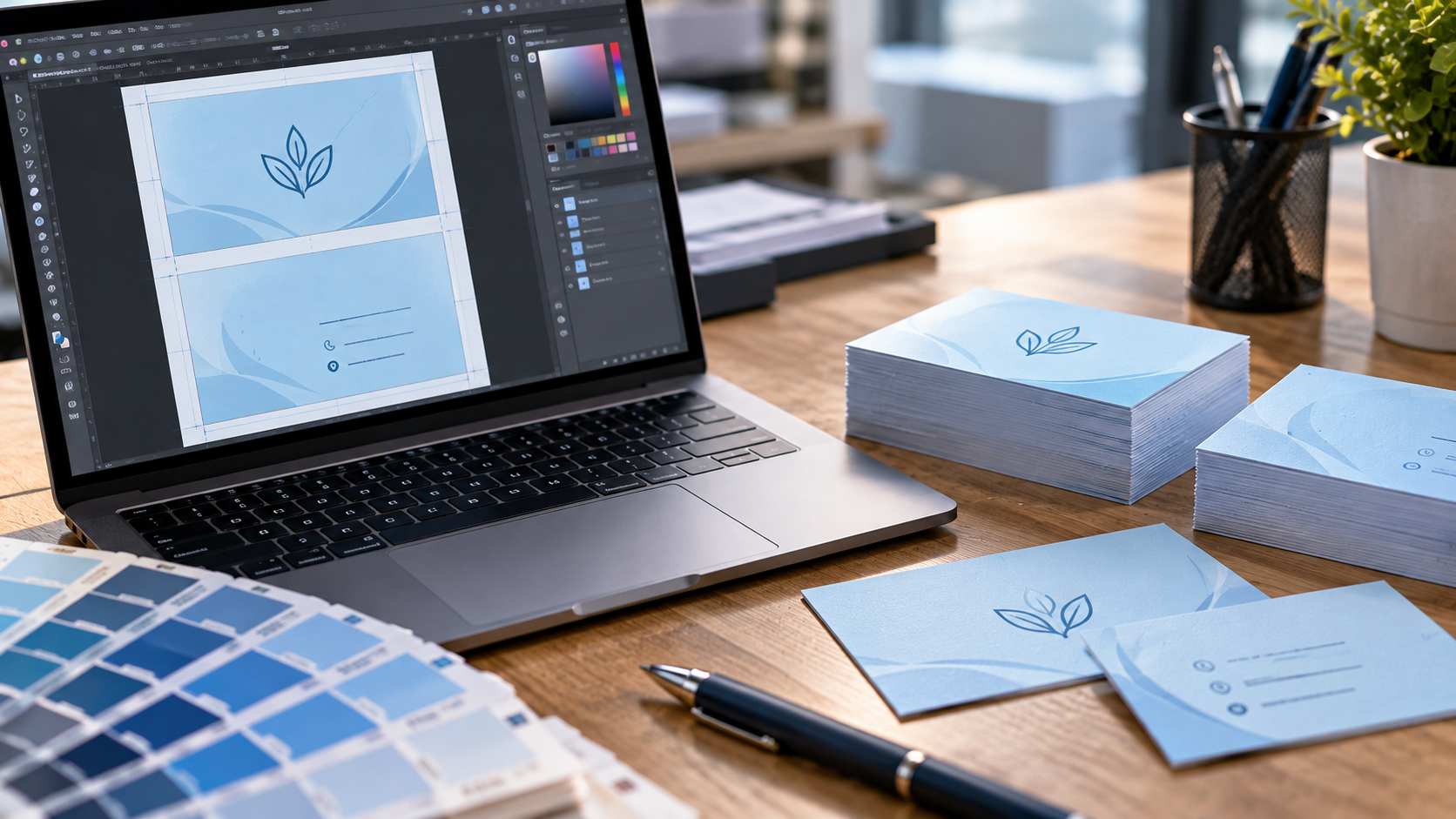 Svetloplave vizit karte na radnom stolu pored laptopa sa otvorenom grafičkom pripremom za štampu.